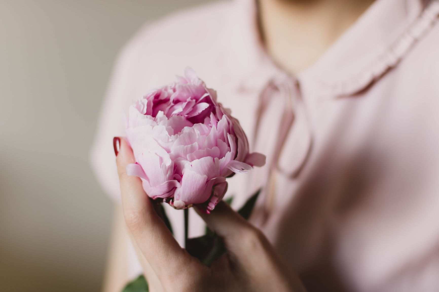 Girl pink flower in hands 60004000